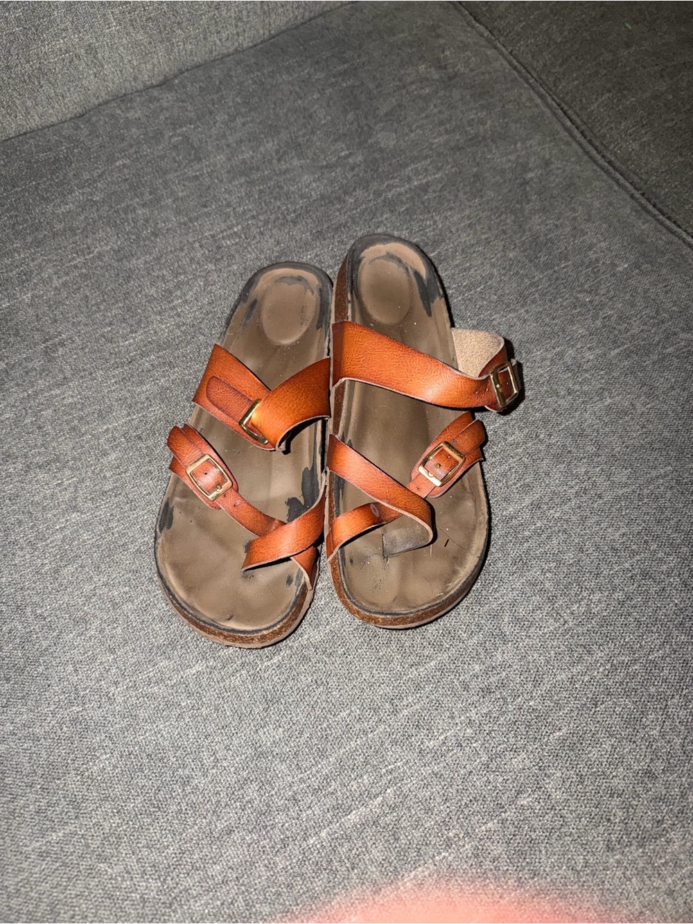 Brown Leather Double Buckle Slide Sandals